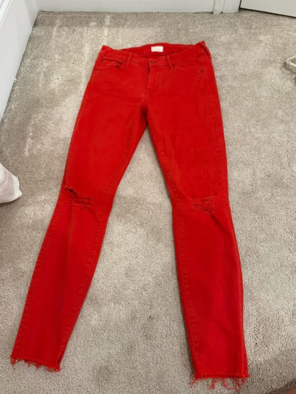 MOTHER Red Distressed Skinny Jeans